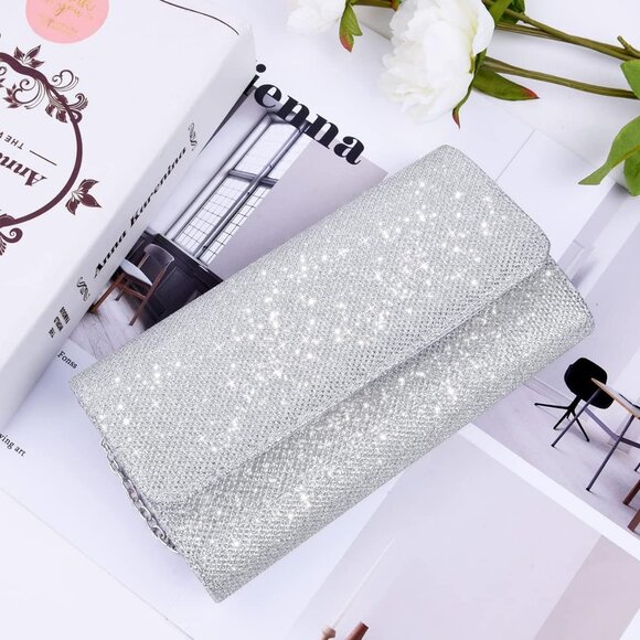 Shiny Silver Clutch Purse for Women, Evening Shoulder Bag for Wedding & Party - Picture 6 of 9